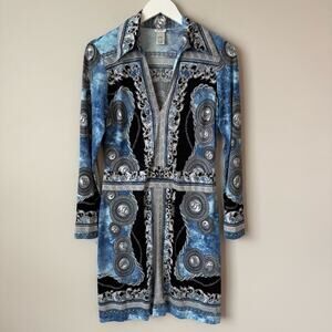 Cache | Liquid Jersey Knit Blue Greek Print Shift Dress Size Medium